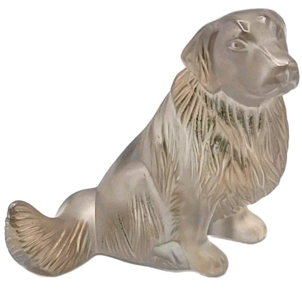 Lalique Crystal Golden Retriever Dog Figurine 5"x4.5" Signed France Gold Luster